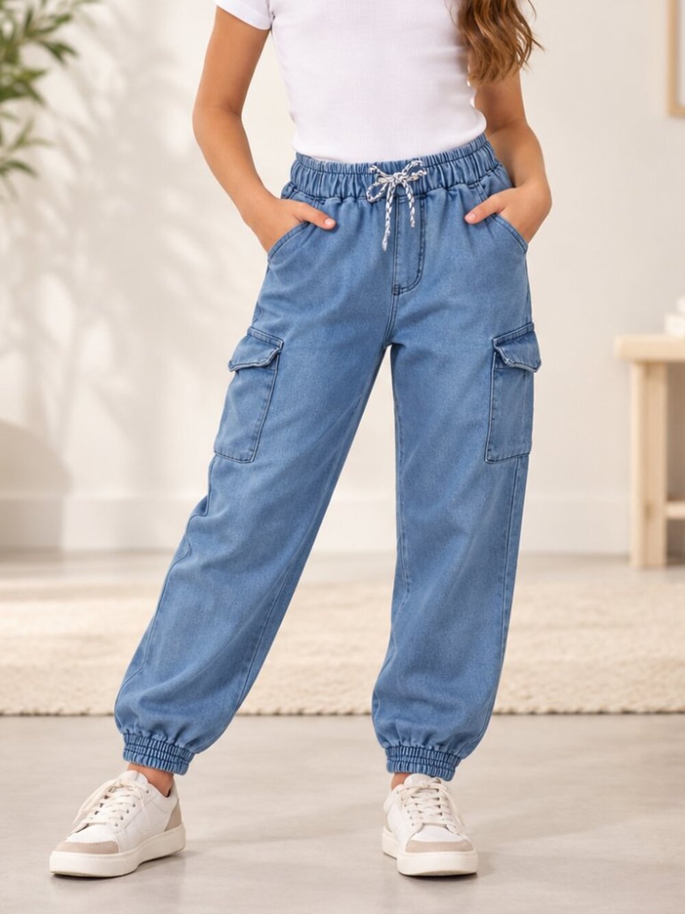 Vince Camuto Girls 10 Denim Cargo Joggers Light Blue Utility Pants